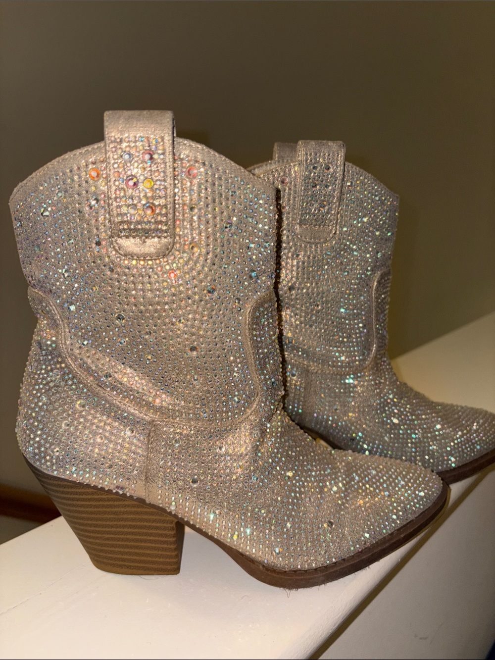 HOW FUN ARE THESE ?Glitter Rhinestone Western Ankle Boots - Champagne Sparkle